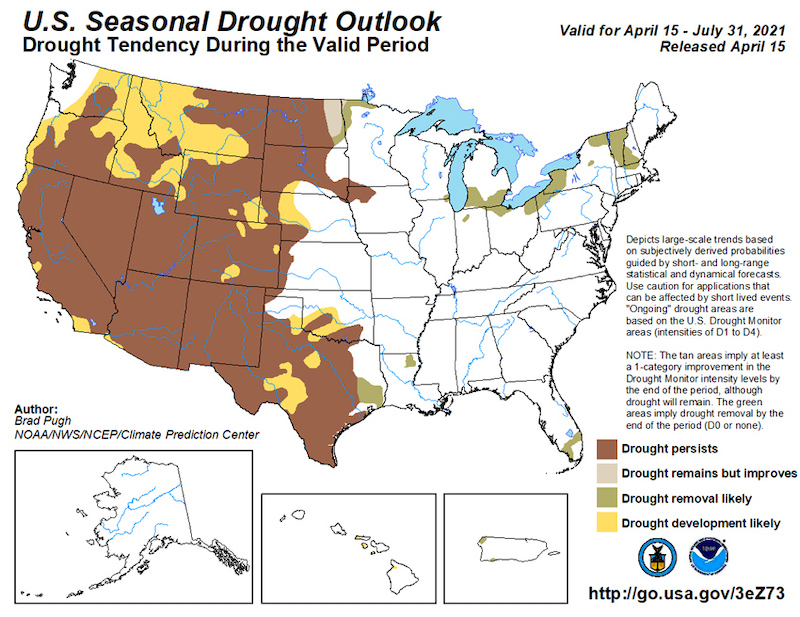 Climate Predication Center U.S. Seasonal Drought Outlook, showing the probability drought conditions persisting, improving, or developing April 15 through July 30, 2021. Current drought conditions over the western U.S. are forecast to persist while drought development is likely for the Pacific Northwest.
