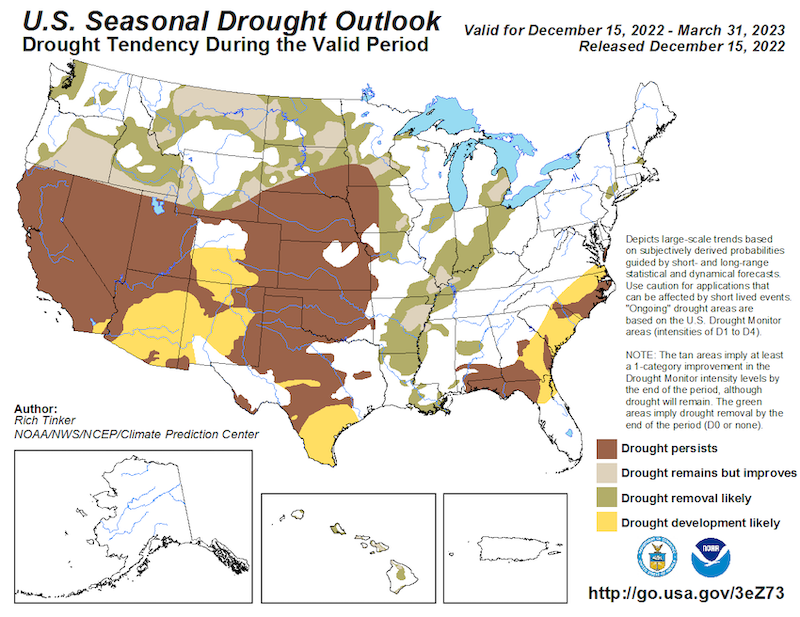 From December 15 to March 31, drought is predicted to persist or develop across California and Nevada.