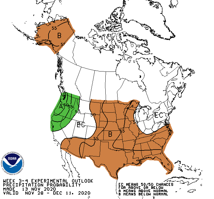 NOAA Climate Prediction Center week 3-4 precipitation outlook for the Northeast U.S. The Northeast has an equal probability of above or below normal precipitation, while the Southern U.S. and Northern Plains are projected to have below normal precipitation.