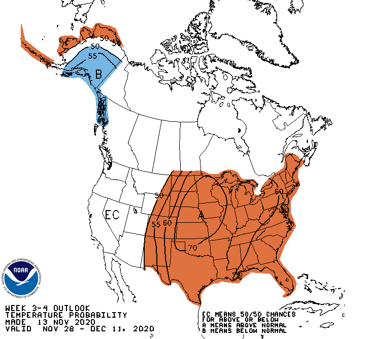NOAA Climate Prediction Center week 3-4 temperature outlook for the Northeast U.S. Above normal temperatures are projected across the eastern U.S.