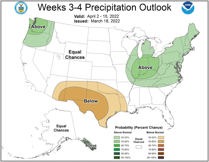 Climate Prediction Center week 3-4 precipitation outlook for the U.S., from April 2–15, 2022 Odds favor above-normal conditions across the Northeast.