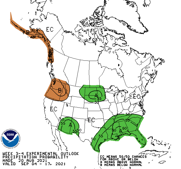 Climate Prediction Center week 3-4 precipitation outlook for the U.S., from September 4–17, 2021.