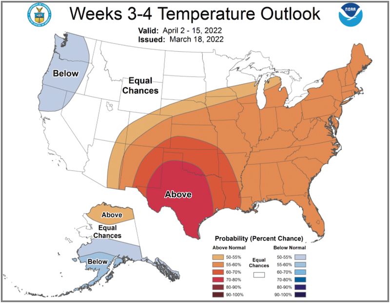 Climate Prediction Center week 3-4 temperature outlook for the U.S., from April 7-15, 2022. Odds favor above-normal temperatures in the Northeast.