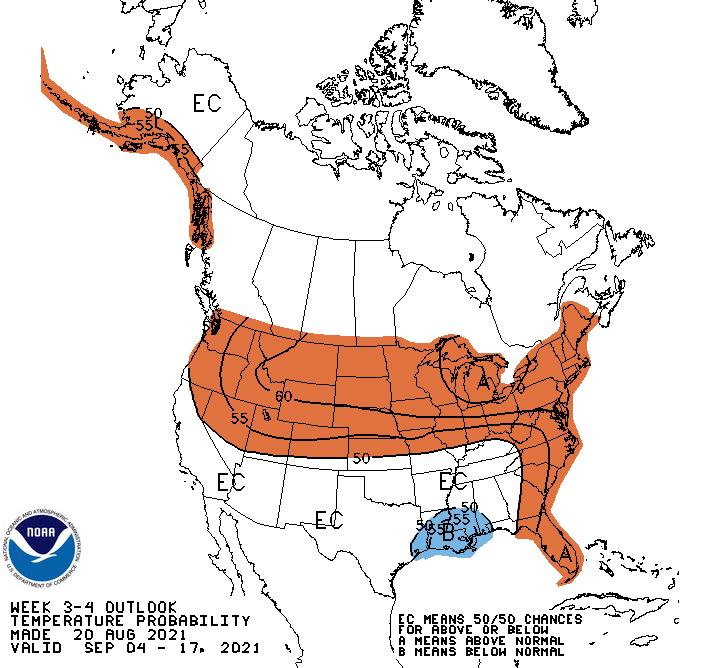 Climate Prediction Center week 3-4 temperature outlook for the U.S., from September 4–17, 2021. 