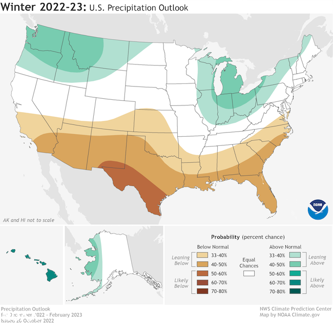 For December 2022 to February 2023, odds favor below-normal precipitation for New Mexico and Arizona.