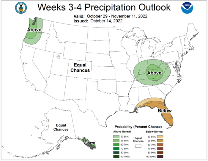 From October 29–November 11, 2022, odds favor equal chances of above- or below-normal precipitation throughout the Northeast.