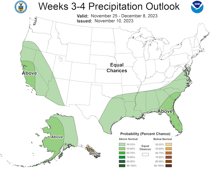 From November 25 to December 8, the Northeast has equal chances of above- or below-normal precipitation.