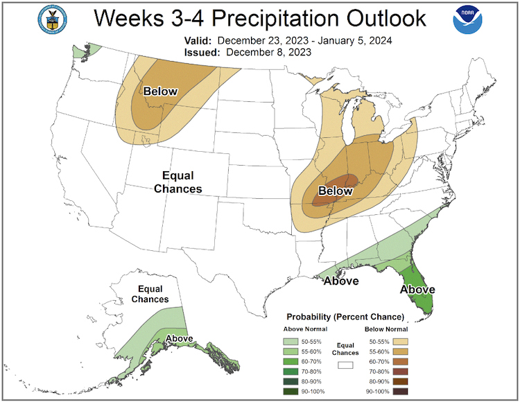 For December 23 to January 5, odds favor below-normal precipitation in far-western New York, with equal chances of above, below, or near normal precipitation in the rest of the Northeast.