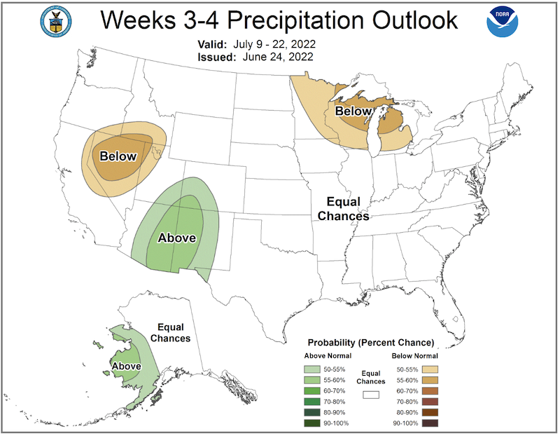 From July 9–22, 2022, the Northeast has equal chances of above- or below-normal precipitation.