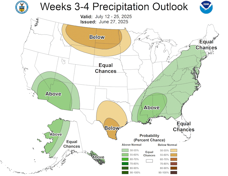 Southwestern U.S. precipitation outlooks favor above normal precipitation for Arizona, western New Mexico, and southern California and Nevada for mid to late July, continuing a trend from late June and early July forecasts.