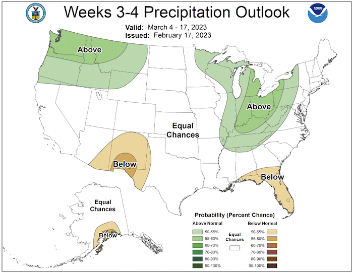 From March 4 to 17, odds favor above-normal precipitation for central and western New York, with equal chances in the rest of the Northeast.