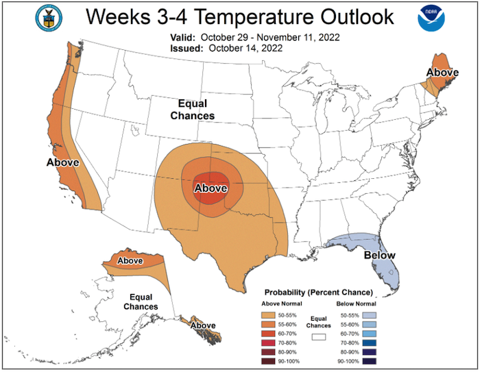 From October 29–November 11, 2022, odds favor above-normal temperatures for Maine, northern New Hampshire, and northeastern Vermont, with equal chances elsewhere.