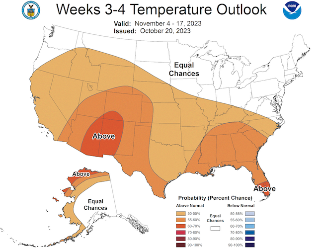 There are equal chances of above- or below-normal temperatures across the Northeast.