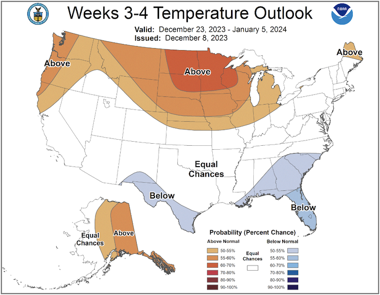 For December 23 to January 5, odds favor above-normal temperatures in northern Maine, with equal chances of above, below, or near normal temperatures in the rest of the Northeast.