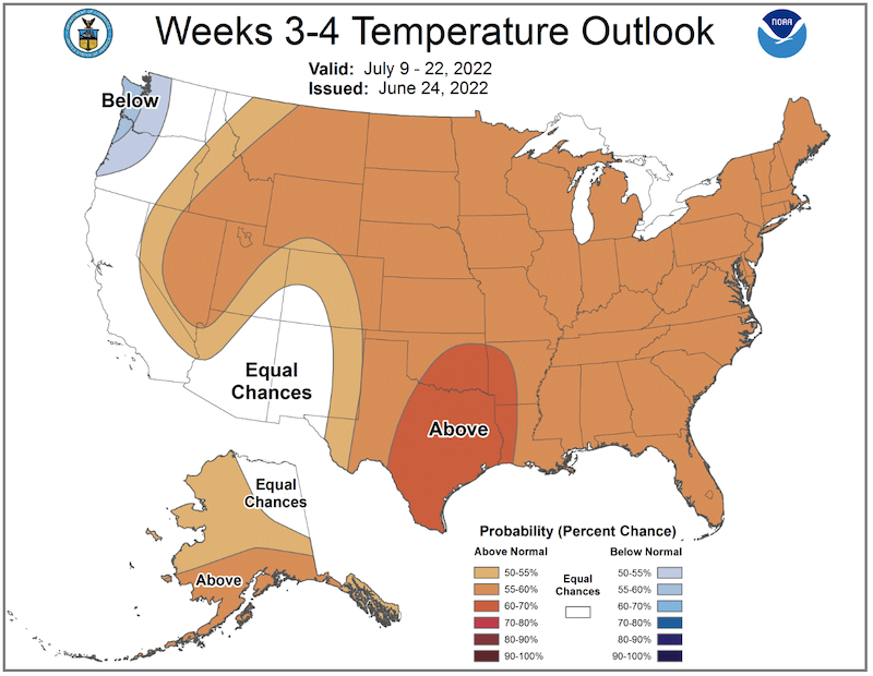 From July 9–July 22, 2022, odds favor above normal-temperatures across the Northeast.
