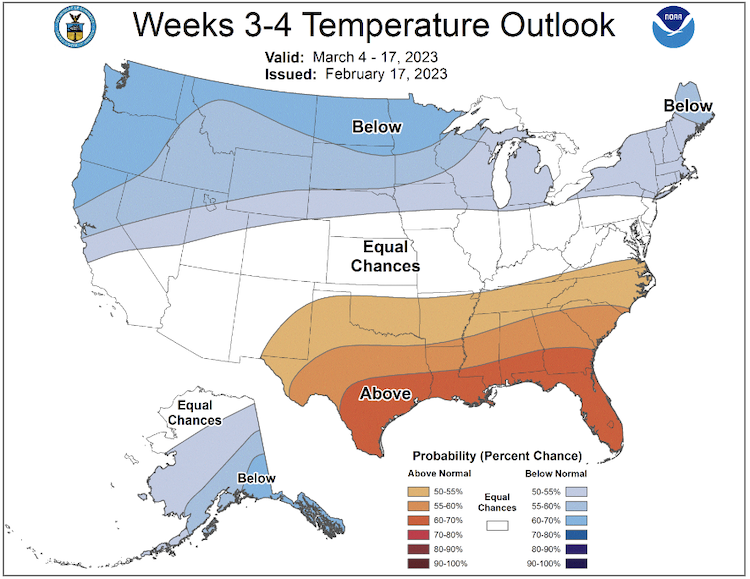 From March 4–17, odds favor below-normal temperatures across the Northeast.