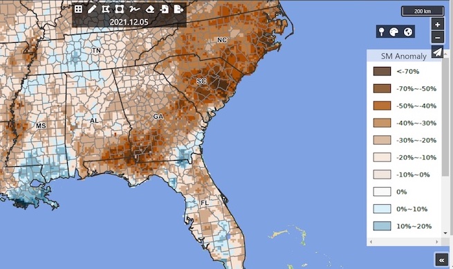 Crop Condition and Soil Moisture Analytics (CROP-CASMA) map of the Southeast showing soil moisture anomalies. Valid December 5, 2021.