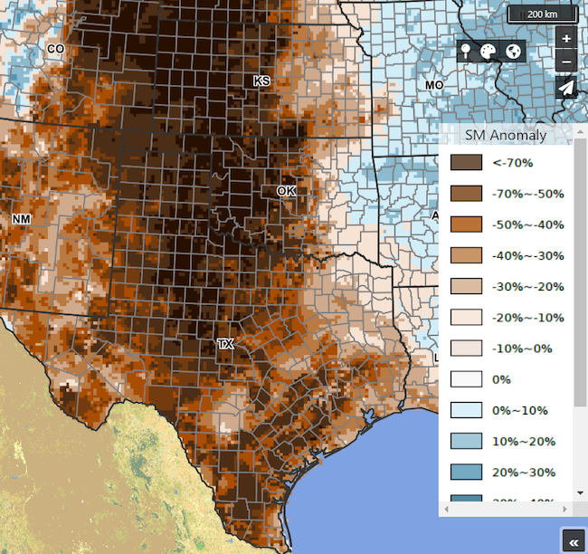 Soil moisture is below 50% of normal across most of the Southern Plains, and more than 70% below normal across western Texas, Oklahoma and southwestern corner of Kansas. 