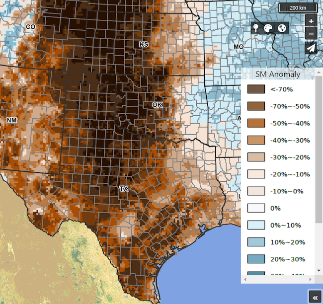 Soil moisture is below 50% of normal across most of the Southern Plains, and more than 70% below normal across western Texas, Oklahoma and southwestern corner of Kansas.