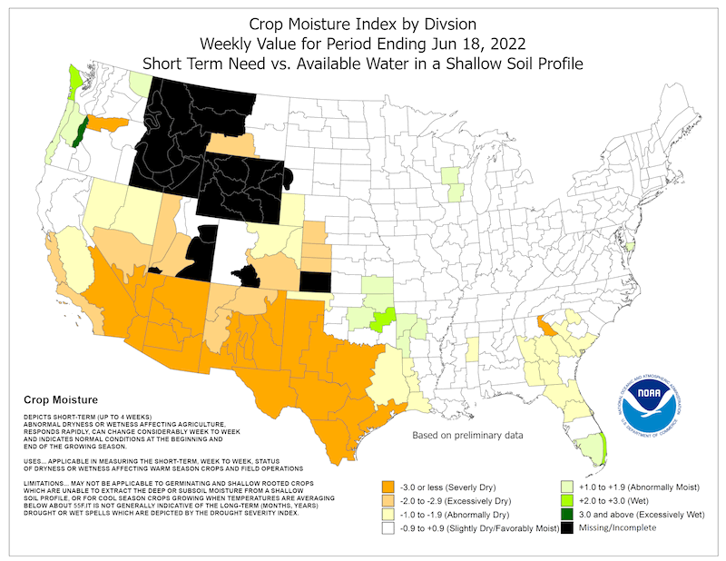 The crop moisture index as of June 18, 2022 shows nearly all of Texas as severely dry, with a crop moisture index of -3 or less.