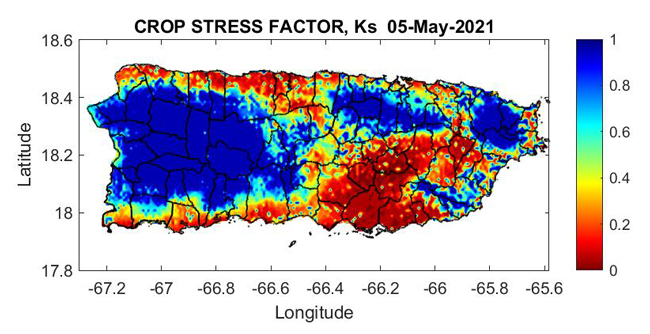 Crop stress factor for Puerto Rico, as of May 5, 2021. Shows high crop stress in southeastern Puerto Rico, as well as along the northern and southern coasts.