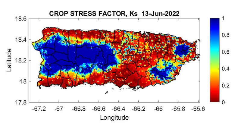 Crop stress factor for Puerto Rico as of June 13, 2022. Crop Stress Coefficient: 1=No Stress, 0=Extreme Stress.