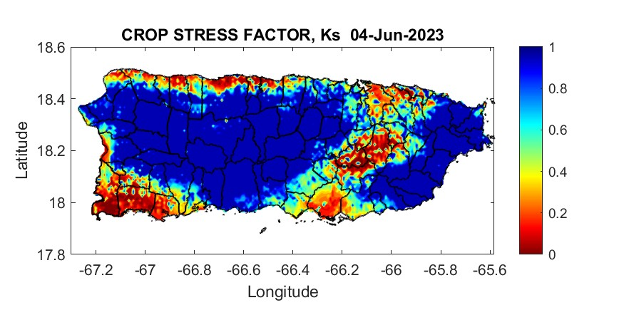 High crop stress exists across portions of eastern Puerto Rico and areas of the southwest and northwest coast.