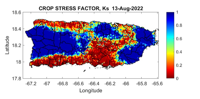 Crop stress factor for Puerto Rico as of August 13, 2022. Crop Stress Coefficient: 1=No Stress, 0=Extreme Stress.