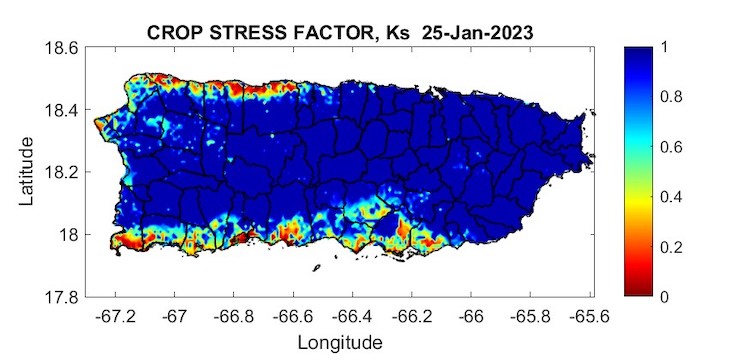 A high crop stress factor is present where soil saturation is low, especially along the north and south coasts of Puerto Rico. Elsewhere, crop stress is low.