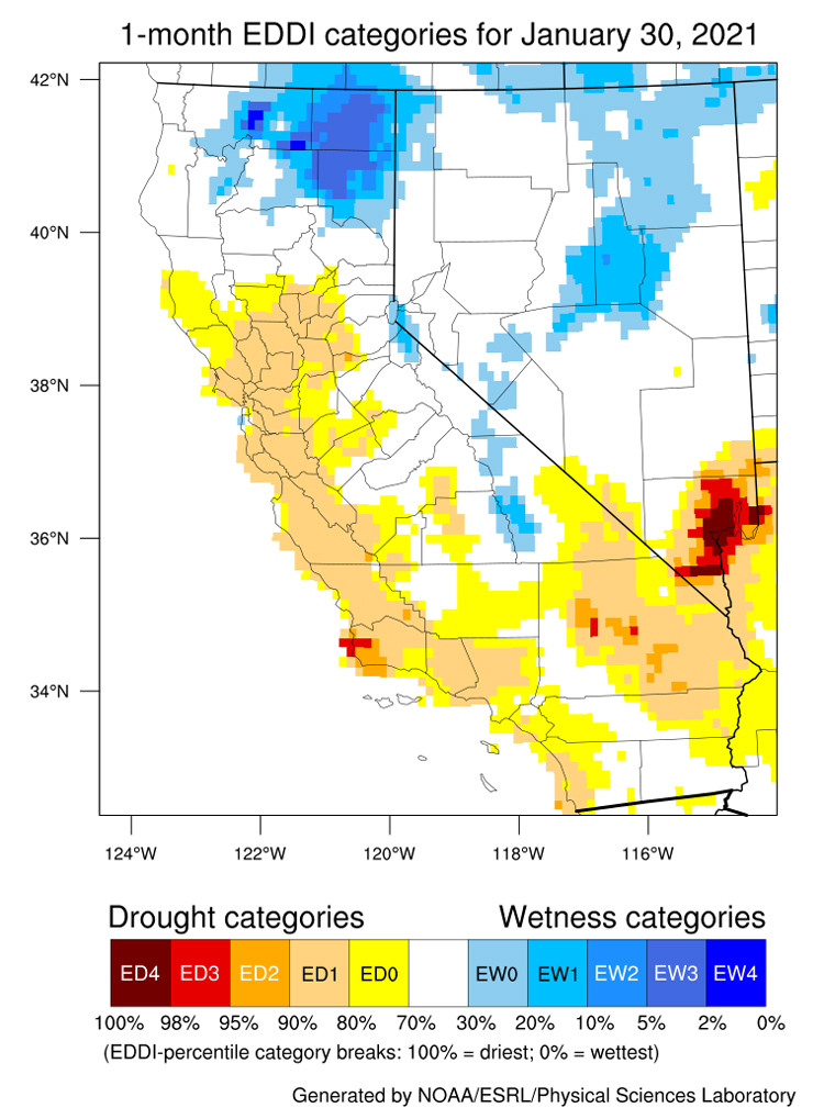 A map of California-Nevada showing the Evaporative Demand Drought Index (EDDI) at a 1-month time scale as of 01/30/2021. A colorbar scale ranges from ED4 (red, 100% drought) to EW4 (blue, 0%). At 1-month, EDDI shows values of ED0-ED4 in southern coastal CA and southern NV. 