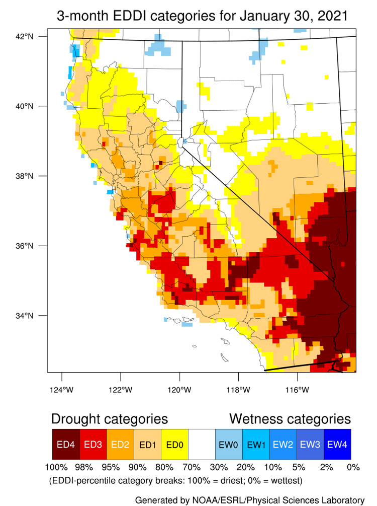 A map of California-Nevada showing the Evaporative Demand Drought Index (EDDI) at a 3-month time scale as of 01/30/2021. A colorbar scale ranges from ED4 (red, 100% drought) to EW4 (blue, 0%).  At 3 months, EDDI shows values of ED0-ED4 across most of CA-NV except for northernmost NV and near the northern CA-NV border.