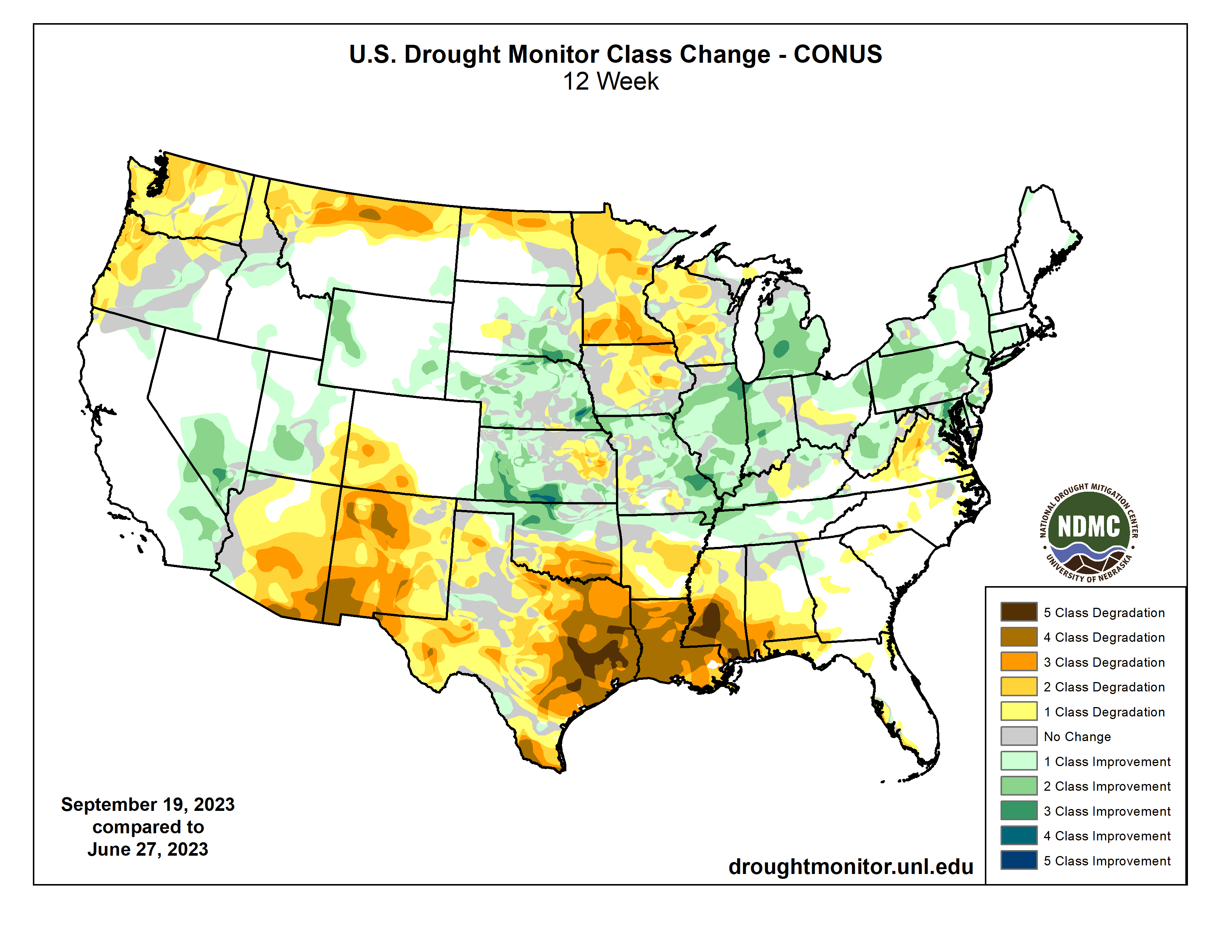 This map shows the changes to the U.S. Drought Monitor for 12 weeks for September 19, 2023.