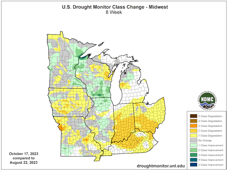 Drought conditions have worsened across Ohio, Indiana, and Kentucky over the last eight weeks.