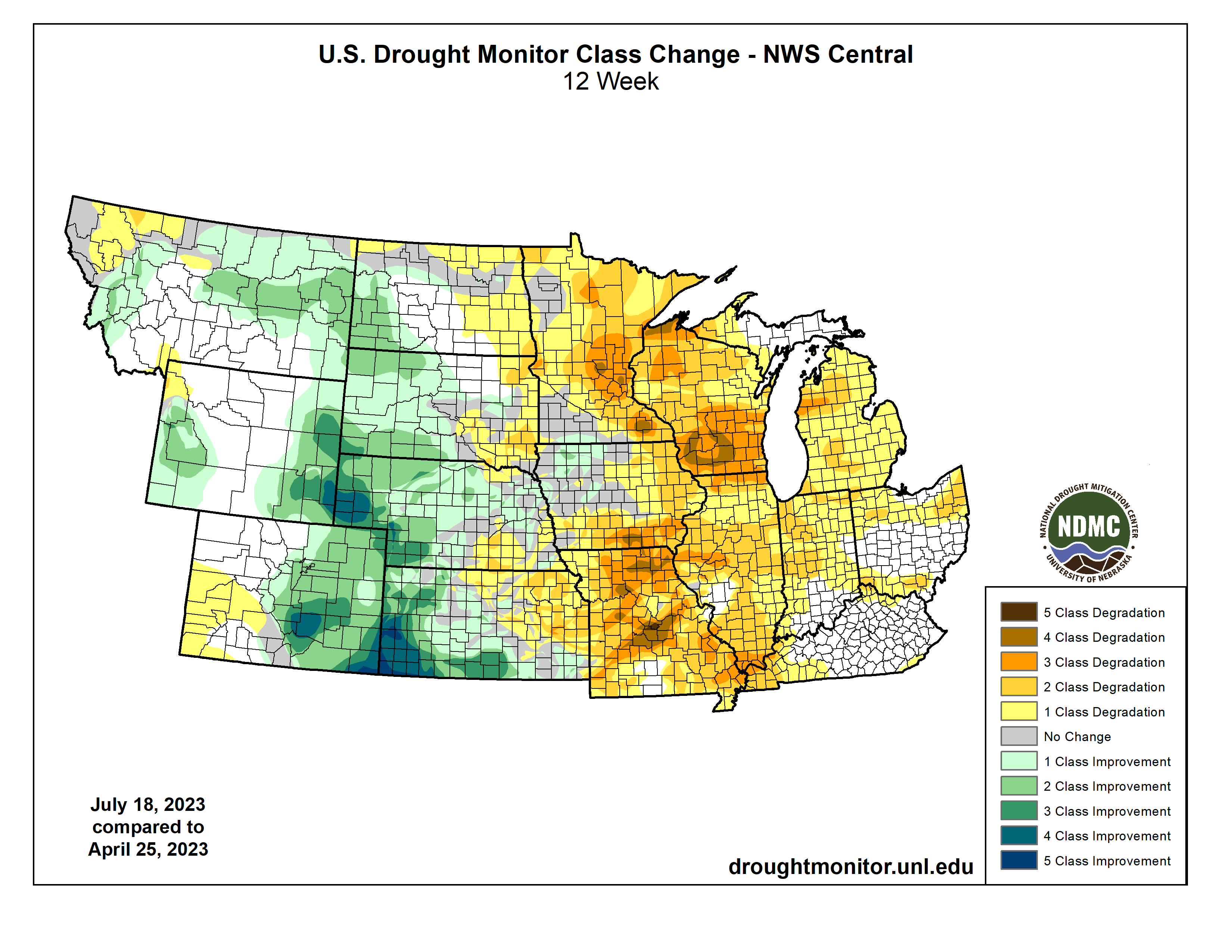 From April 25 to July 18, drought has worsened by four categories on the U.S. Drought Monitor in portions of Missouri, southern Iowa, Wisconsin and Minnesota.