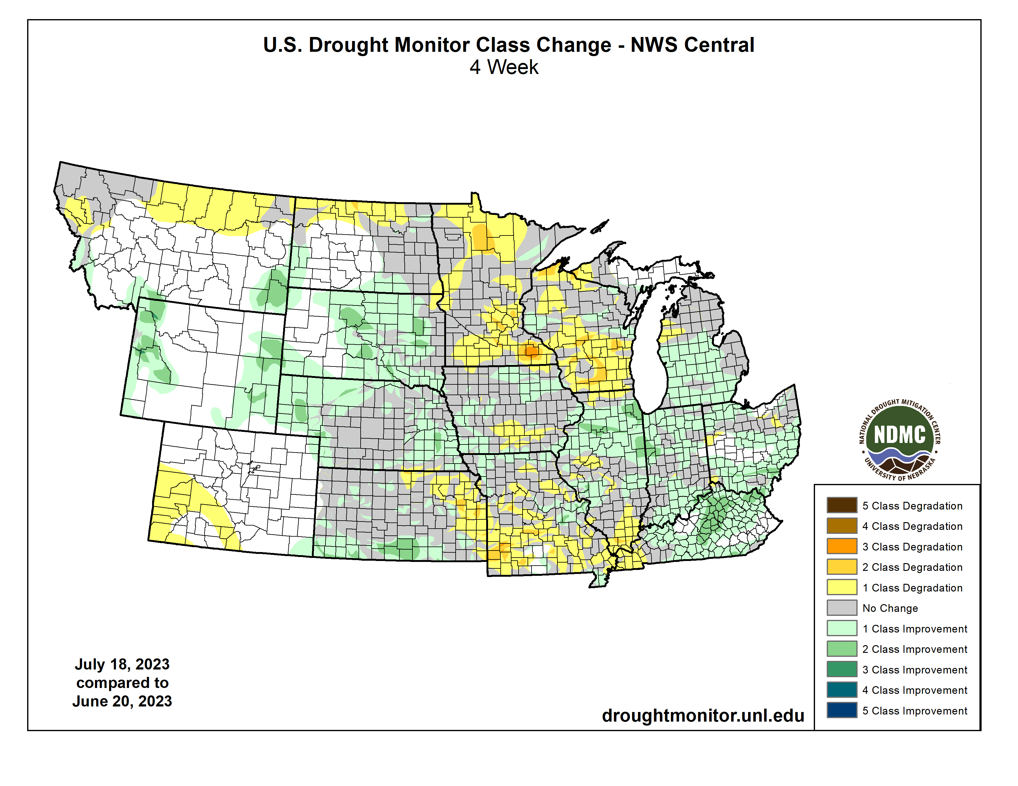 From June 20 to July 18, 2023, drought has improved by 1-2 categories on the U.S. Drought Monitor across much of the North Central U.S. However, conditions have worsened in northern Montana and North Dakota, Minnesota, Wisconsin, Missouri, western Colorado, and eastern Kansas.