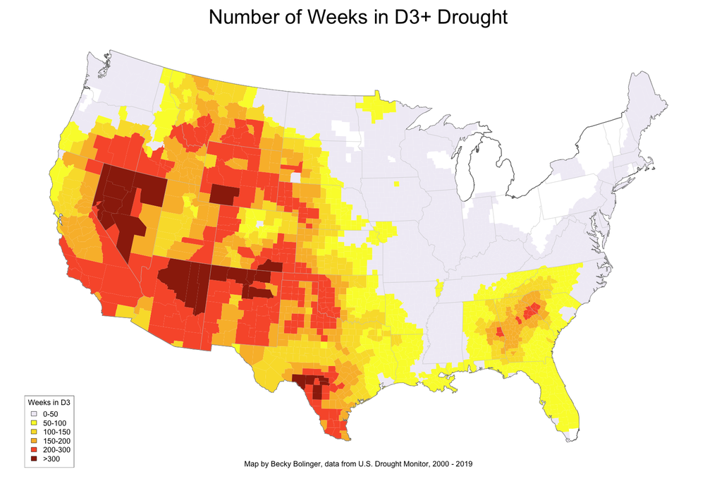 counties that have experienced D3 drought or greater