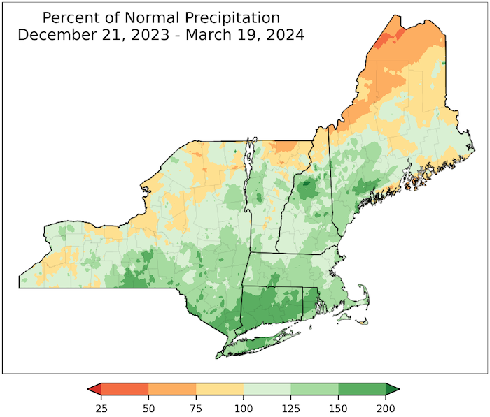 From December 21 to March 19, parts of northern Maine, northern New Hampshire and Vermont, and areas of New York saw precipitation deficits.