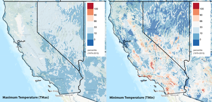 Almost all of Nevada and California are in the 33rd and below percentiles for average daily maximum temperature from October 14 to December 12. Much of The northern half of Nevada is below 10th percentile for average daily minimum temperature. 