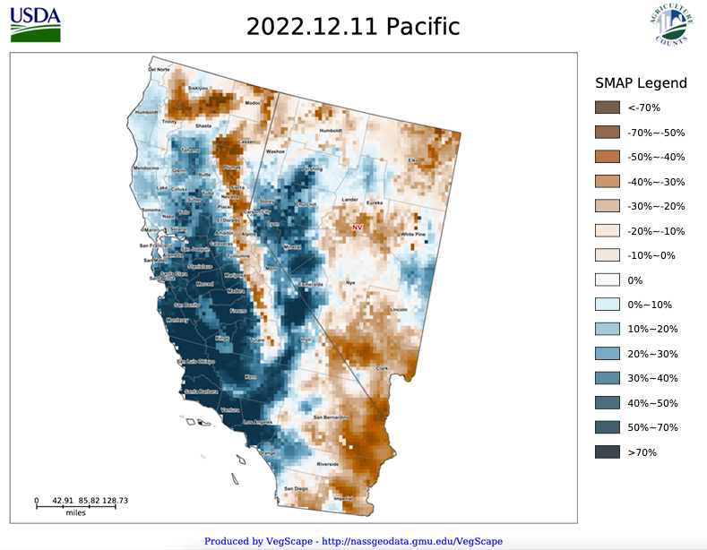 Based on NASA SMAP satellite data, the highest elevations in the Sierra Nevada and far southeastern California are showing anonymously dry conditions ranging from 30% to 50% below normal.  The rest of California is anonymously wet. Western Nevada is also anomalously wet with much of the rest of the state showing near normal or anomalously dry conditions.  