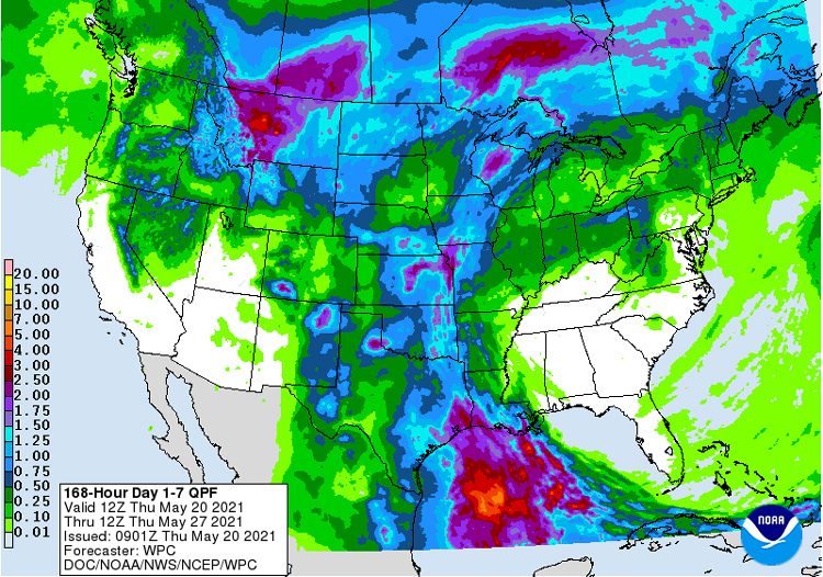 The National Weather Service's 7-Day Quantitative Precipitation Forecast calls for moderate-to-heavy precipitation of 1+ inches across the Gulf Coast region of Louisiana and Texas, as well as the eastern halves of Texas, Oklahoma, Kansas, and areas of the lower Midwest. Lesser accumulations (generally less than 1 inch) are expected across the Southeast, parts of the Mid-Atlantic, and the Northeast. Out West, dry conditions are forecasted with the exception of areas of eastern New Mexico, Colorado, and areas of Wyoming that are expected to receive accumulations of less than 1.5 inches.