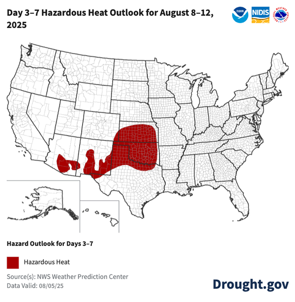 Hazardous heat is predicted later this week in portions of much of Kansas and Oklahoma into North Texas and New Mexico. Hazardous heat is also expected in southern Arizona.