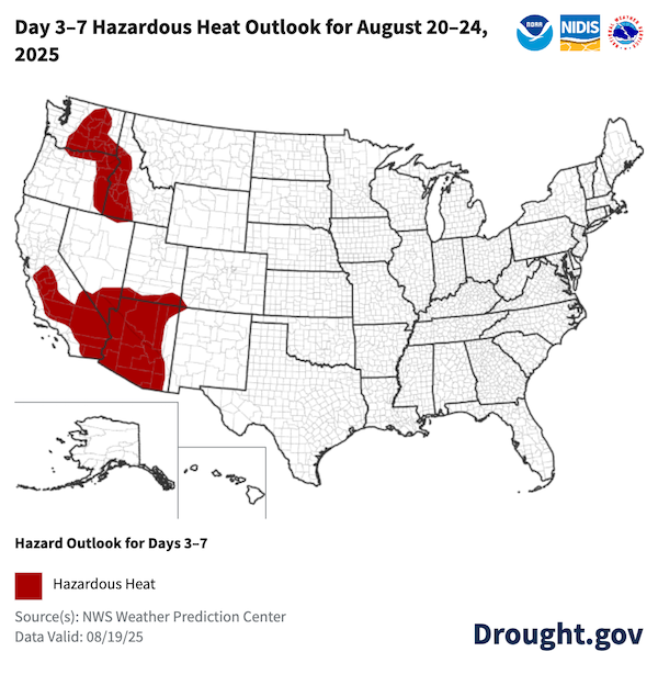 Hazardous heat is predicted later this week in much of Arizona, southern Utah and Nevada, southern and central California, and parts of Washington, Oregon, and Idaho.