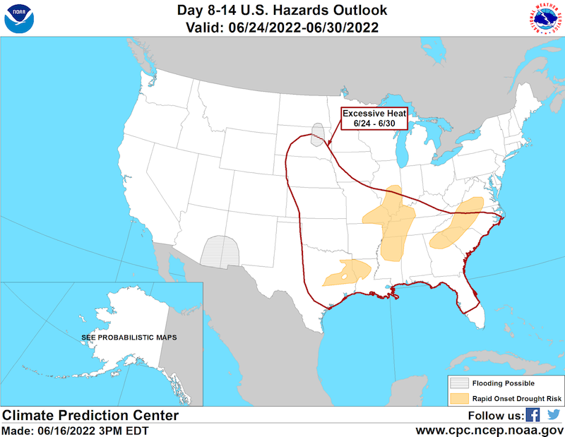 The 8-14 day U.S. hazards outlook shows rapid onset drought risk and excessive heat for parts of the Midwest