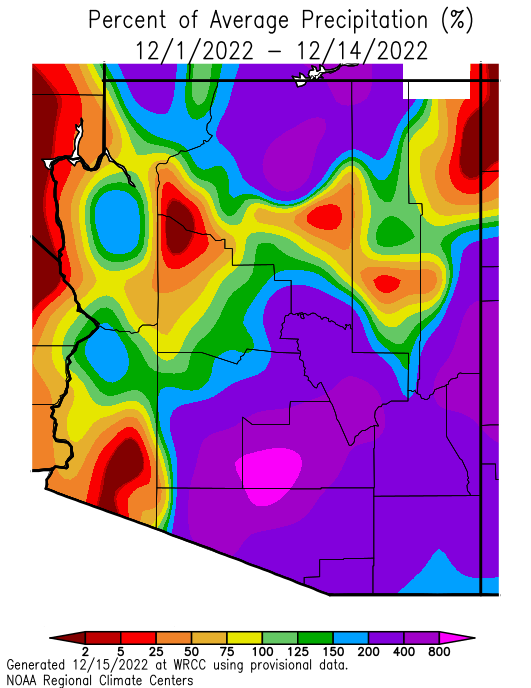 From December 1 to 14, 2022, much of Arizona experienced near- to above-average precipitation, except for a few smaller regions.