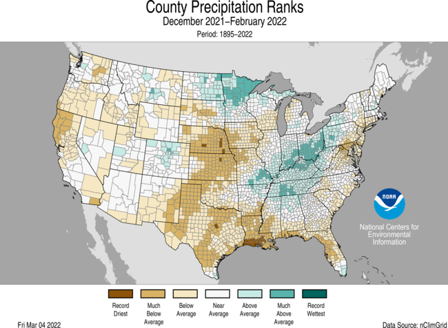 County precipitation ranks for December 2021-February 2022 based upon the 1895-2022 historical record. Several counties in Nebraska and Kansas saw their record driest December-February.