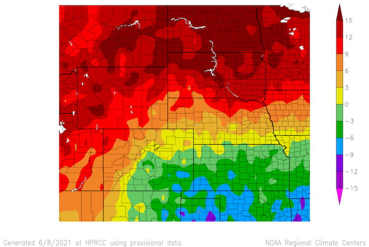 Departure from normal maximum temperature across the Northern Plains from June 1 to 7, 2021.