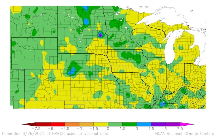 7-day (August 19–25, 2021) departure from normal precipitation for the north central U.S. The entire region experience near-normal to above-normal precipitation.