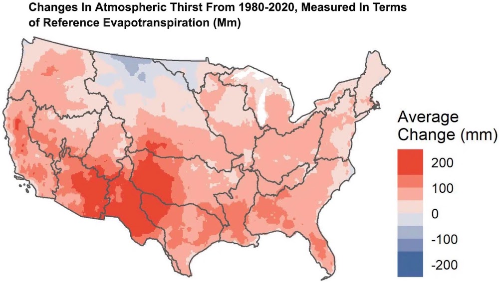 Map of the contiguous U.S. showing average change (mm) in atmospheric thirst from 1980–2020, measured in terms of reference evapotranspiration.