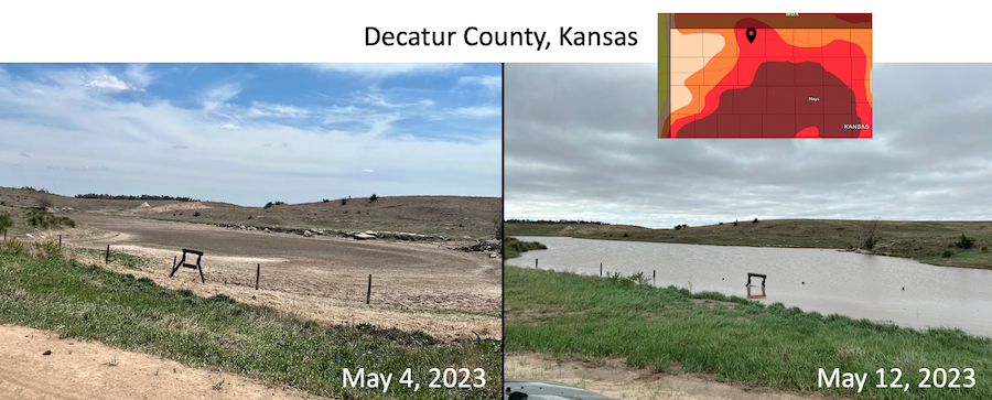 Stock pond in Decatur County, Kansas, showing how much water levels have changed from May 4 to May 12,