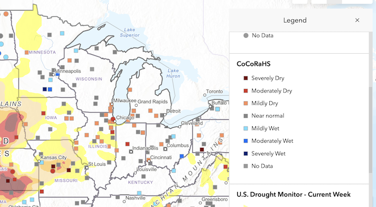 The Drought Impacts Multi-Tool includes reports on current conditions, such as CoCoRaHS reports.